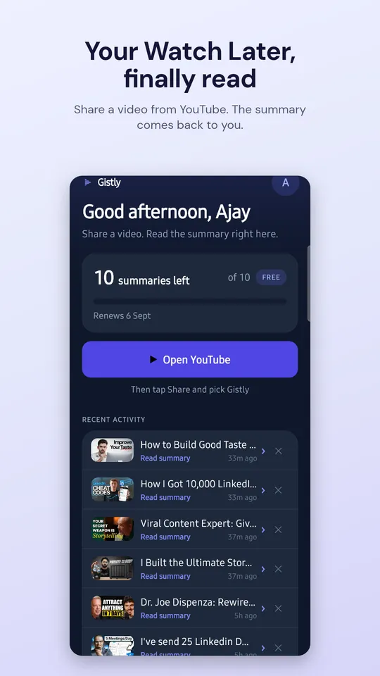 Gistly home screen on Android listing recent YouTube video summaries