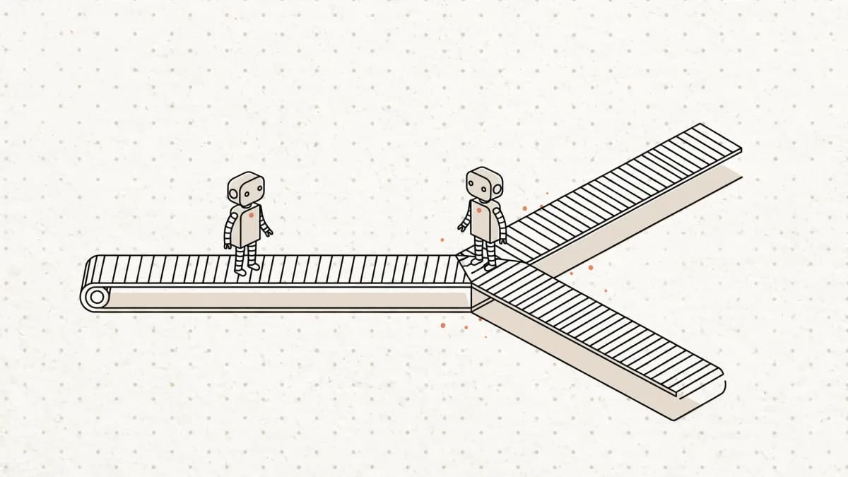 Two robots on a conveyor belt: one rides the straight track, the other stands where the belt forks into two paths