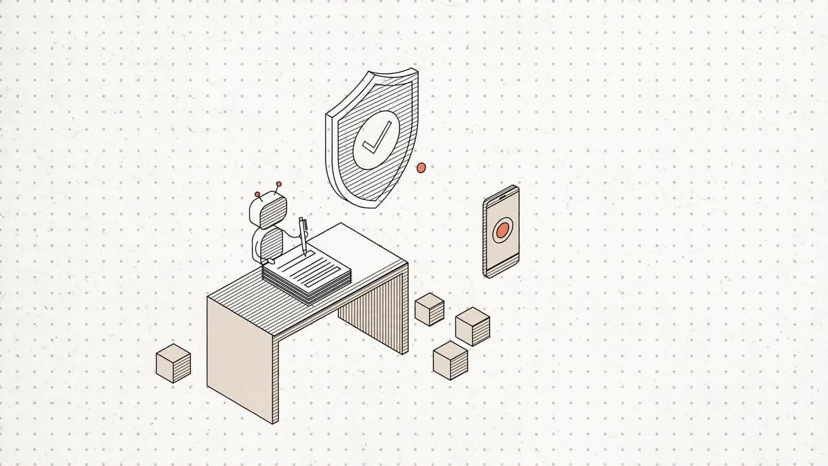 Isometric robot drafting documents at a desk beneath a shield with a checkmark, next to a phone showing an approve button