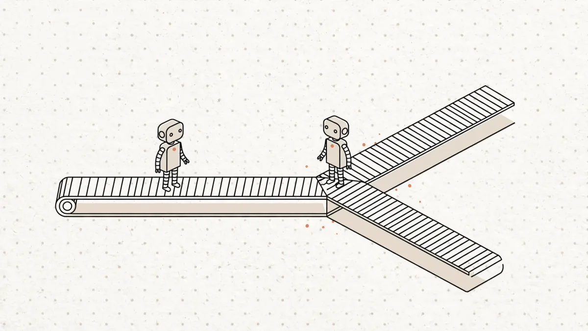 Two robots on a conveyor belt: one rides the straight track, the other stands where the belt forks into two paths