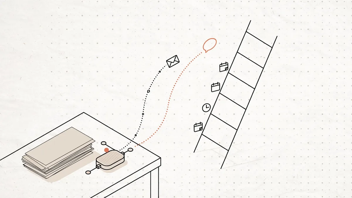 Stack of invoices on a desk beside a small automation node, with dotted paths carrying an email and an orange chat bubble toward a ladder lined with calendar and clock icons