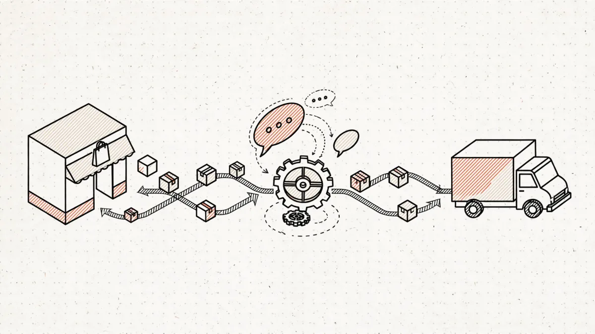 An online store, an automation engine answering chat messages, and a delivery van moving packages