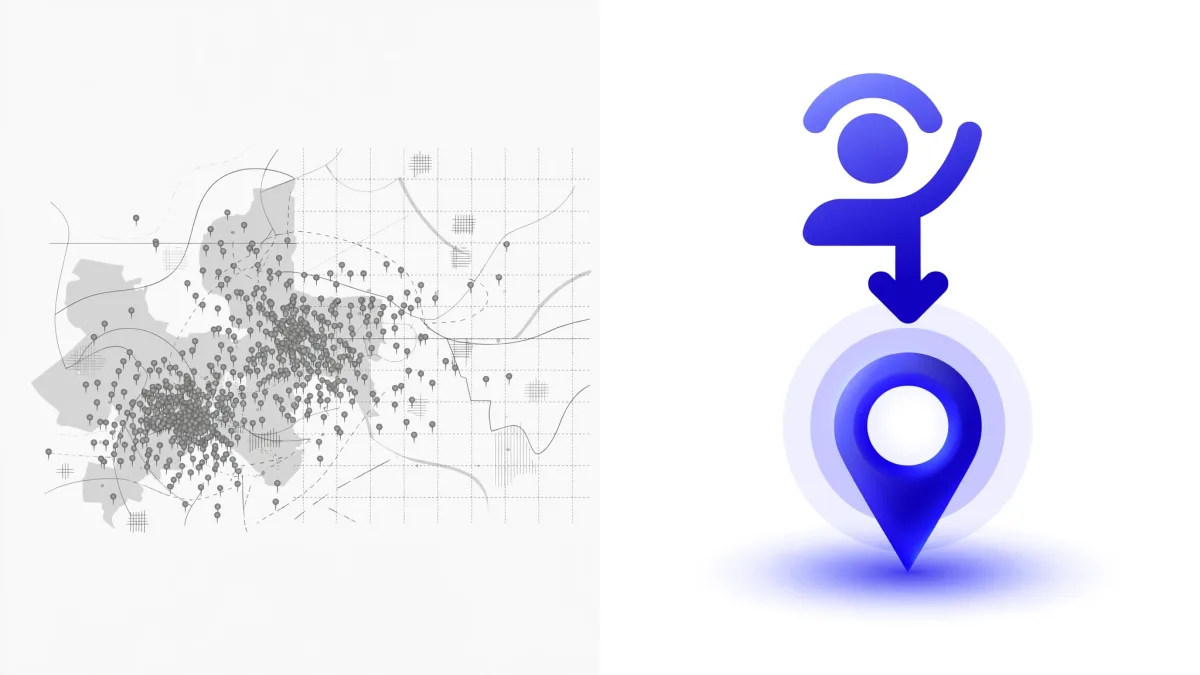 abstract comparison of traditional SEO map with many pins vs GEO guide recommending one source