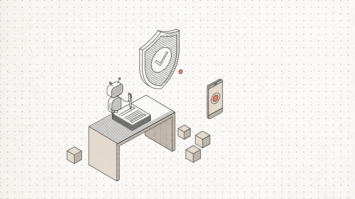 Isometric robot drafting documents at a desk beneath a shield with a checkmark, next to a phone showing an approve button