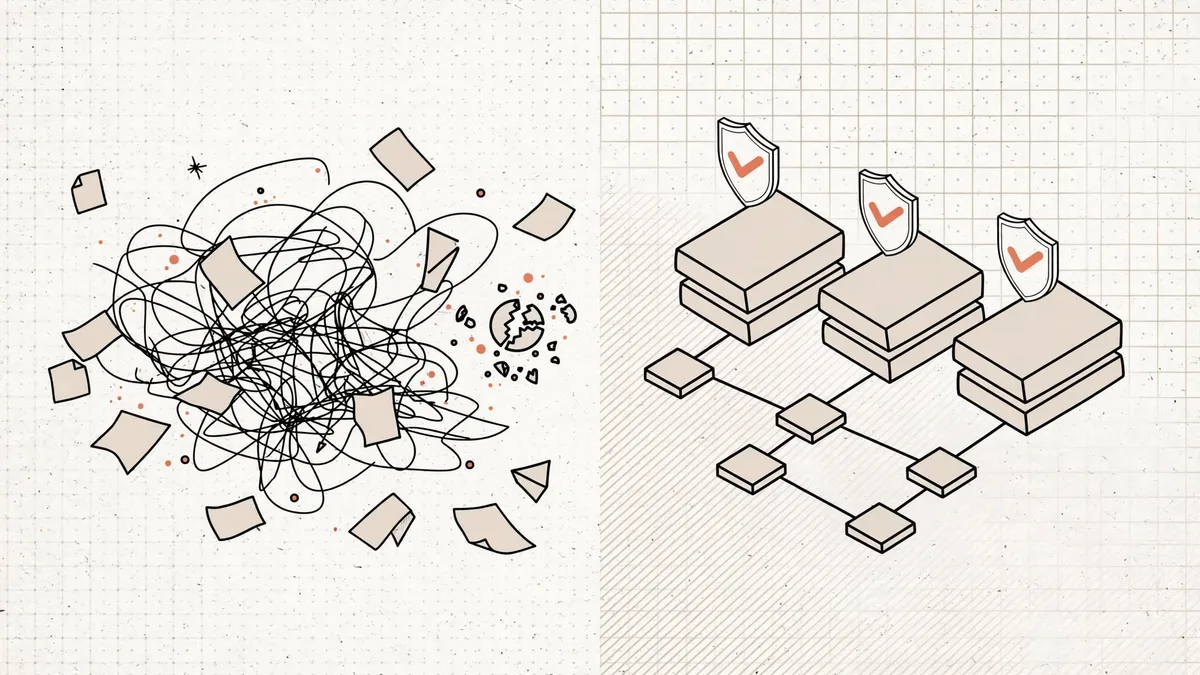 Tangled scribbles and scattered papers on the left versus three stacked servers each protected by a shield on the right