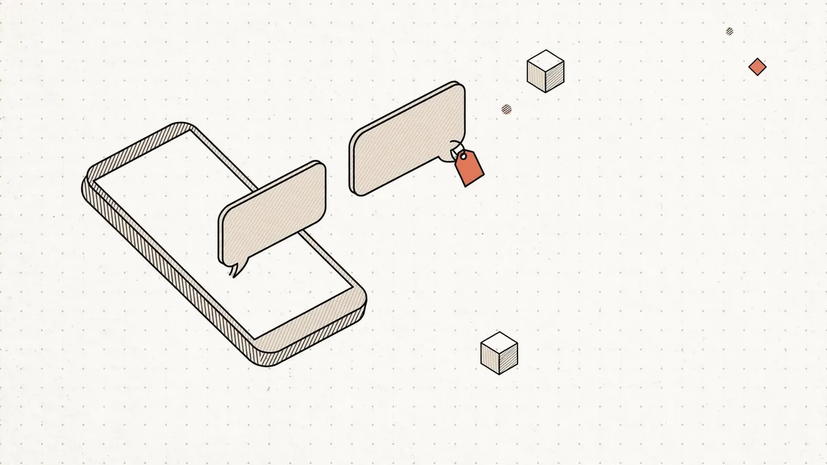 Isometric phone with a chat bubble rising from the screen and a second reply bubble carrying an orange price tag