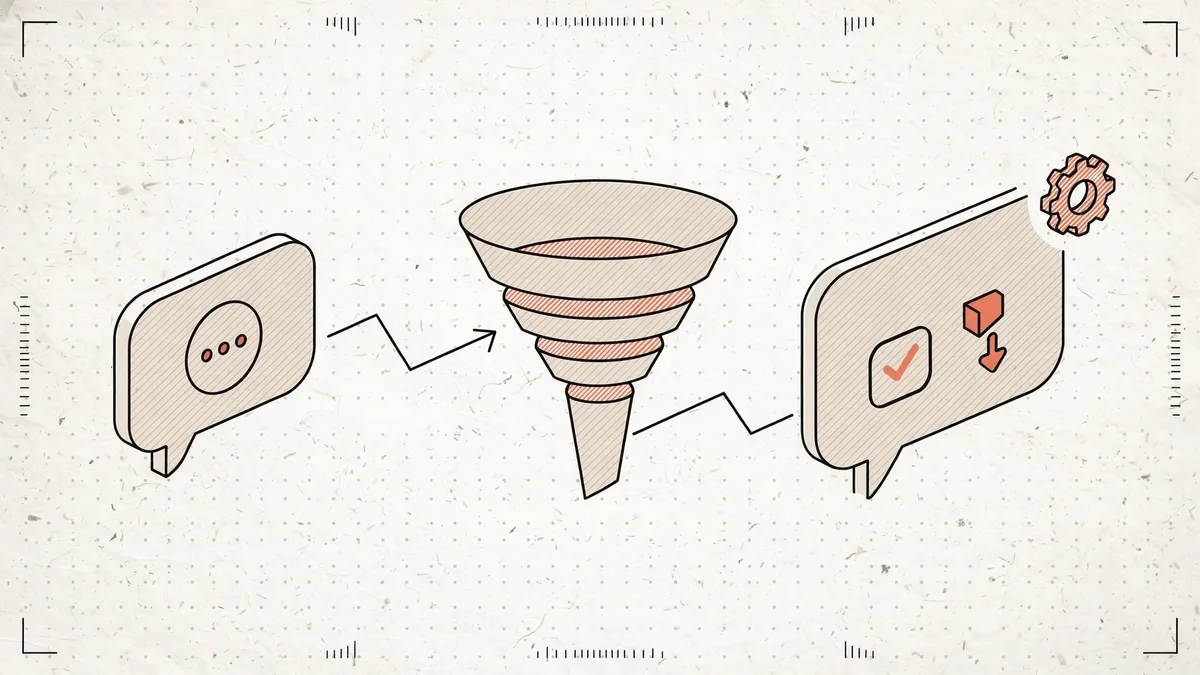 A chat bubble with a typing indicator passes through a funnel and comes out as one complete reply marked with a checkmark