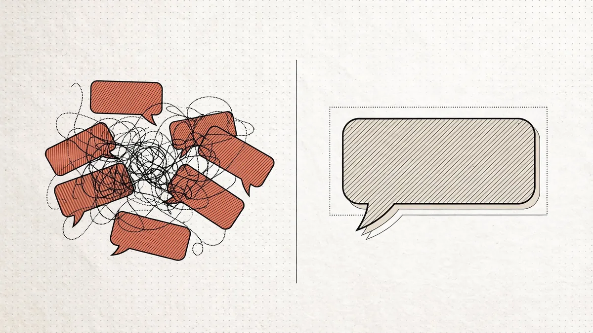 A tangle of many small orange chat bubbles on the left, separated by a line from one large, clean chat bubble on the right